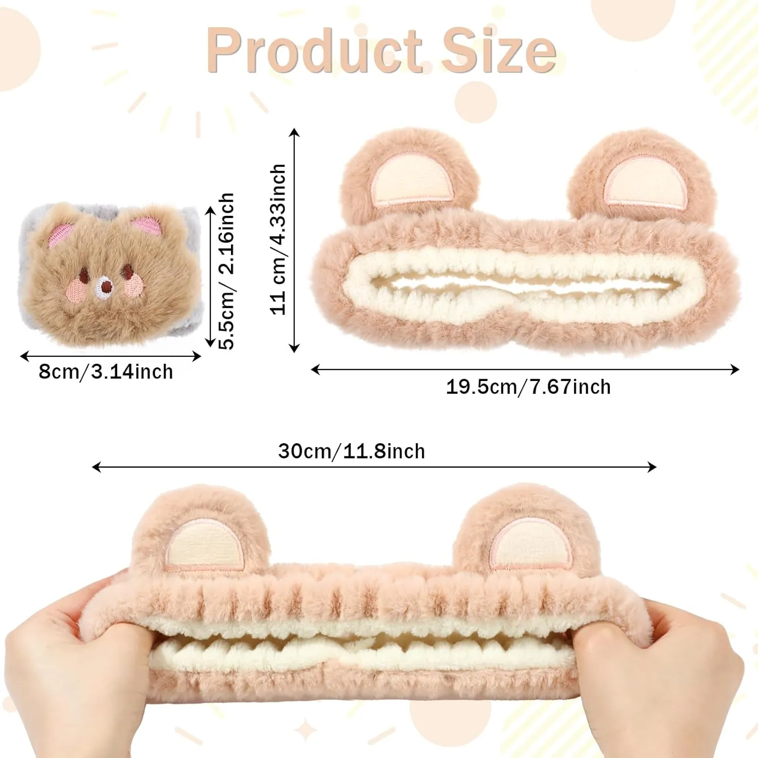 3 Pieces Face Wash Headband and Wristband Set, Cute Bear Ears Spa Headband Makeup Skincare Hair Band Towels Wrist Bands Facial Head Wraps Wrist Scrunchies for Women Girls