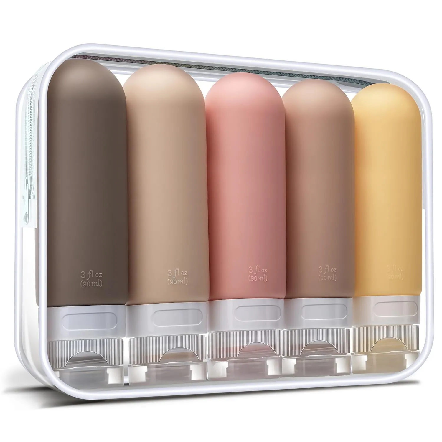 3oz Travel Bottles for Toiletries,Silicone Leak Proof Squeezable Travel Containers,TSA Approved Travel Essentials Bag for Shampoo Conditioner,5 Pack,Brown Pack