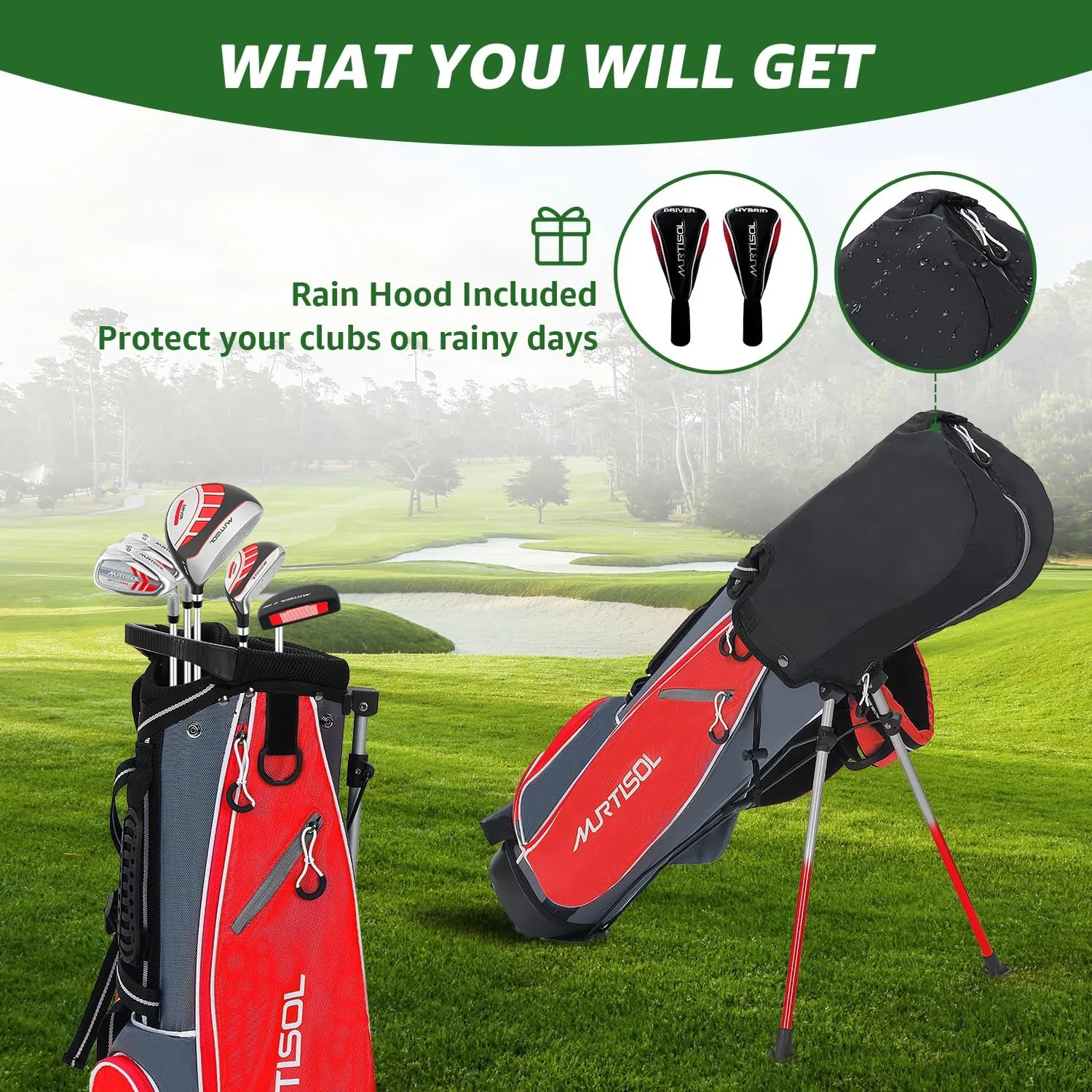 5/6 Pieces Kids Golf Club Set, Junior Golf Club Set Ages (5-8)(9-12)(12-14) Includes Stand Bag, 1# Drive, 5# Hybrid, 6/7#, 9/P# Irons and Putter Right Hand for Boys Girls