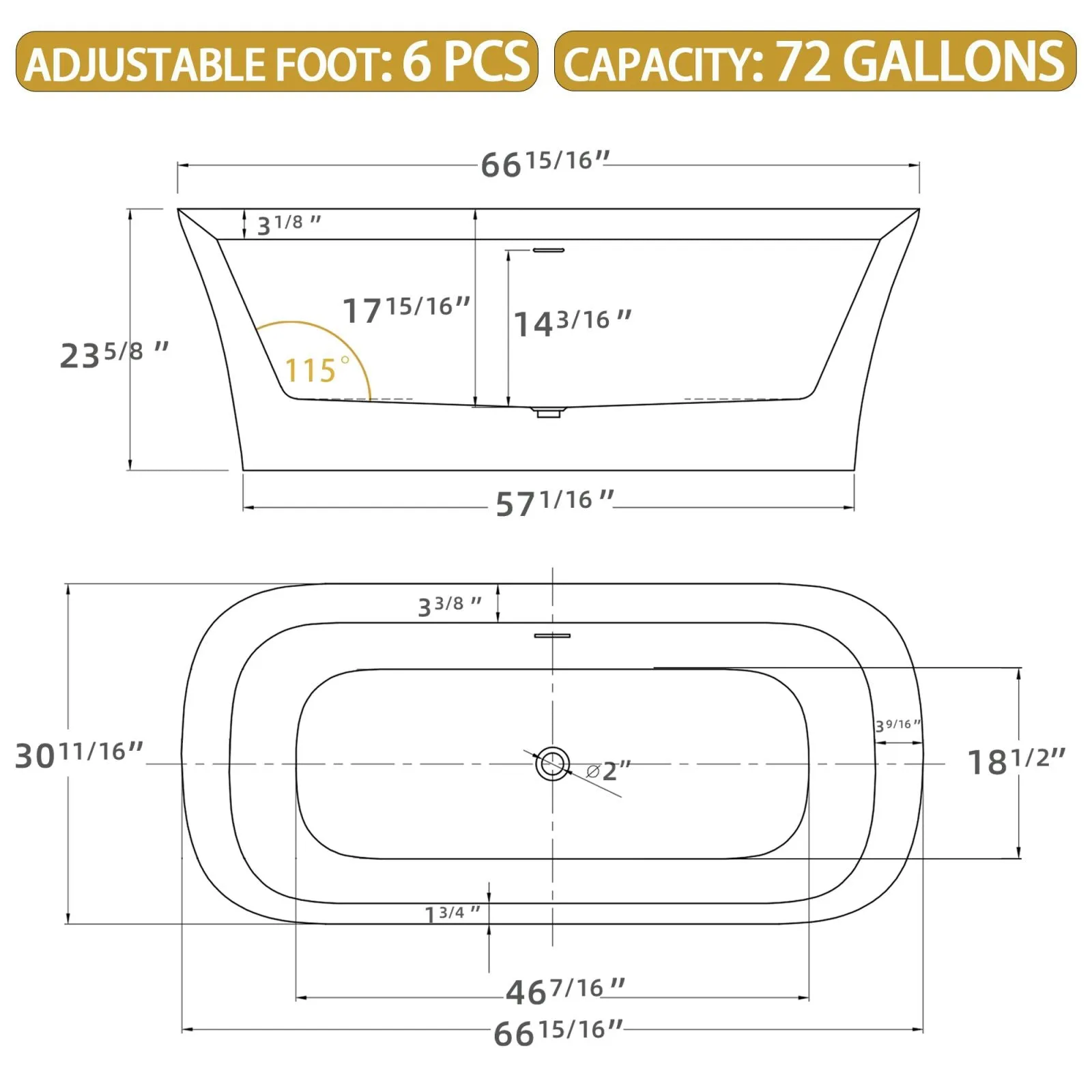 67'' Beveled Edge Flat Bottom Acrylic Bathtub