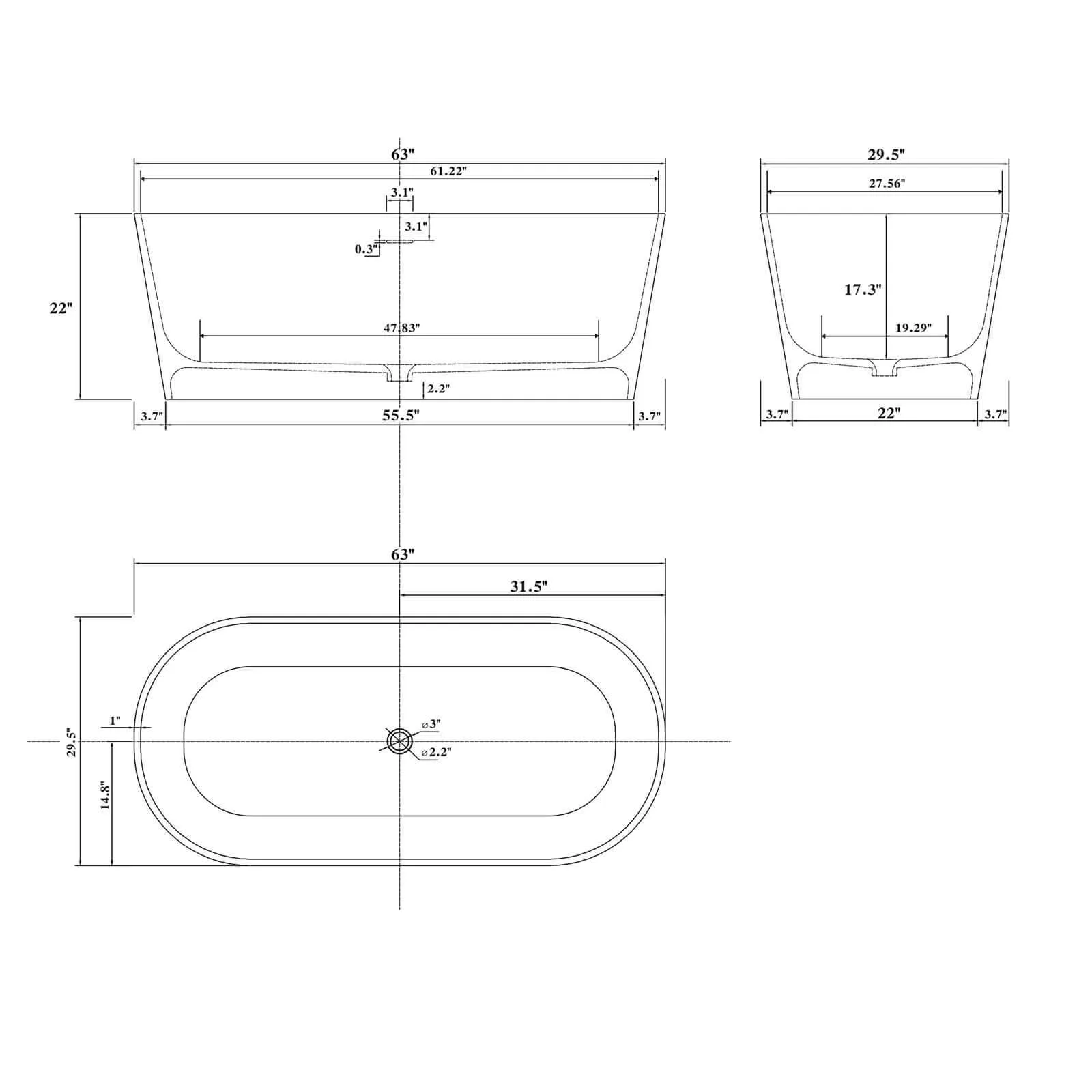 67" Pine-Like Grain Solid Surface Bathtub