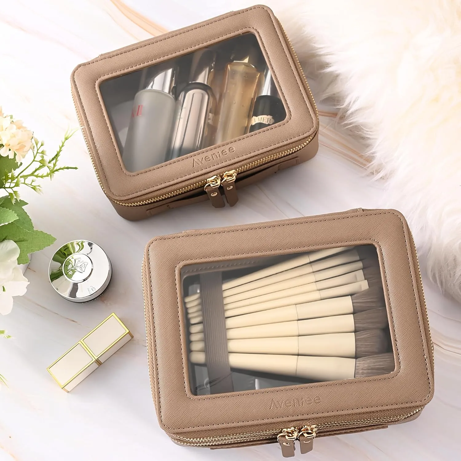 Aveniee Large Clear Makeup Bags, Double Layer Cosmetic Bags with Separate Brush Compartment, Travel Toiletry Bag Cosmetic Train Case, Travel Accessories Organizer for Women(2 Layers, Brown)