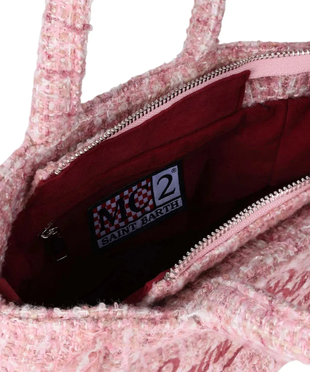 Borsa a Mano Mini Vanity in Lana Tweed Rosa con Frange