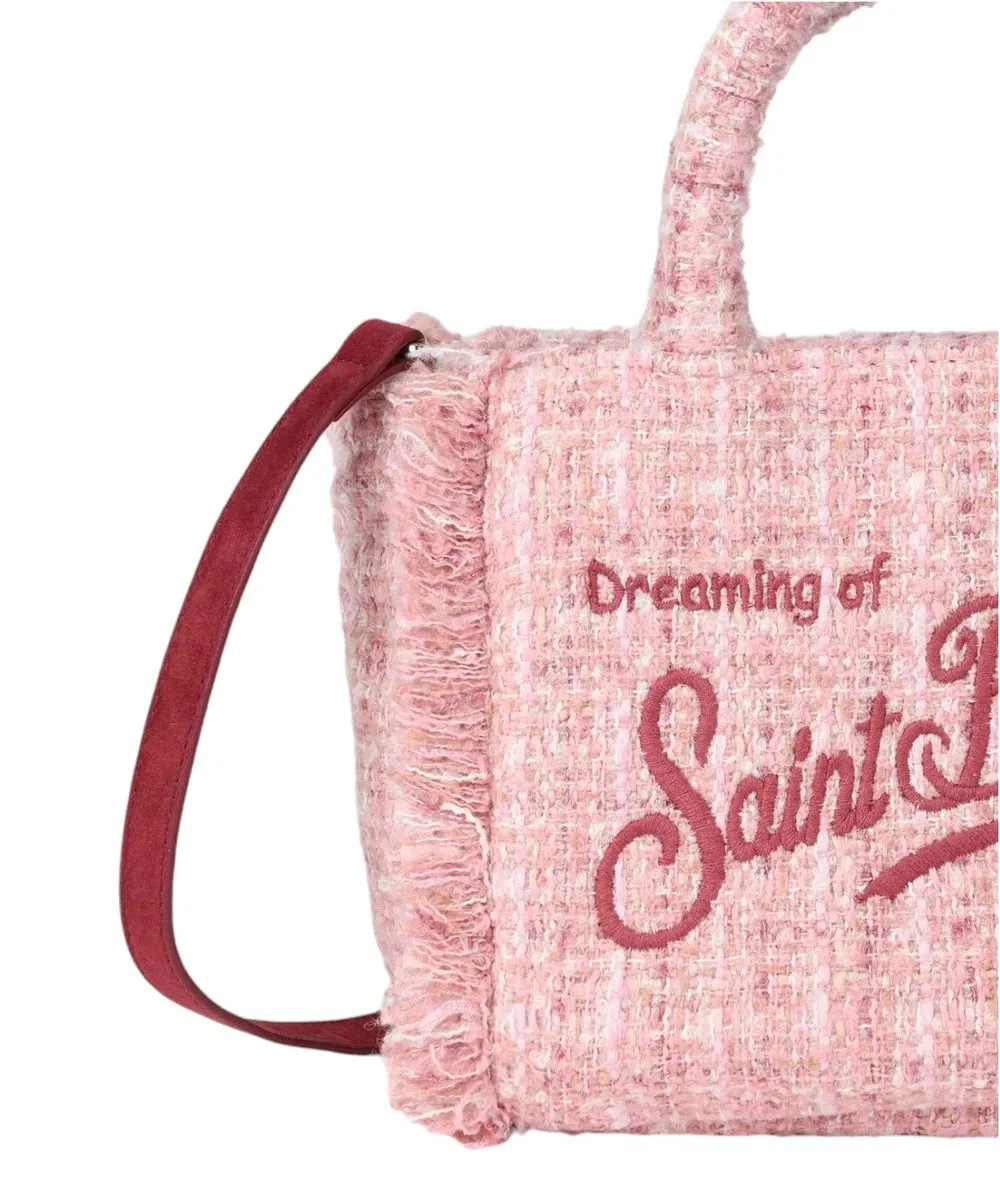 Borsa a Mano Mini Vanity in Lana Tweed Rosa con Frange