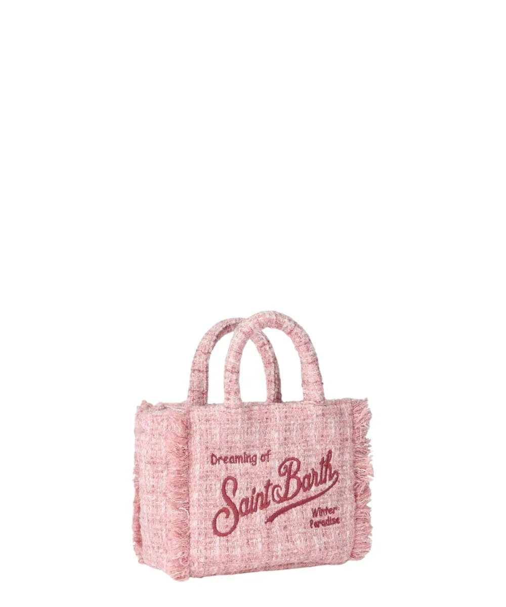 Borsa a Mano Mini Vanity in Lana Tweed Rosa con Frange