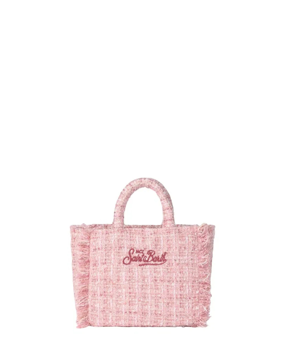 Borsa a Mano Mini Vanity in Lana Tweed Rosa con Frange