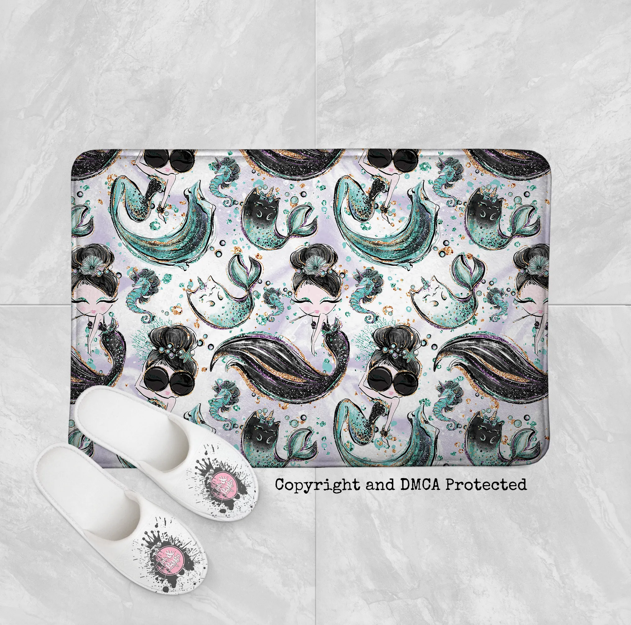 Breakfast At Tiffany Audrey Mermaid Caticorn Shower Curtains and Optional Bath Mats