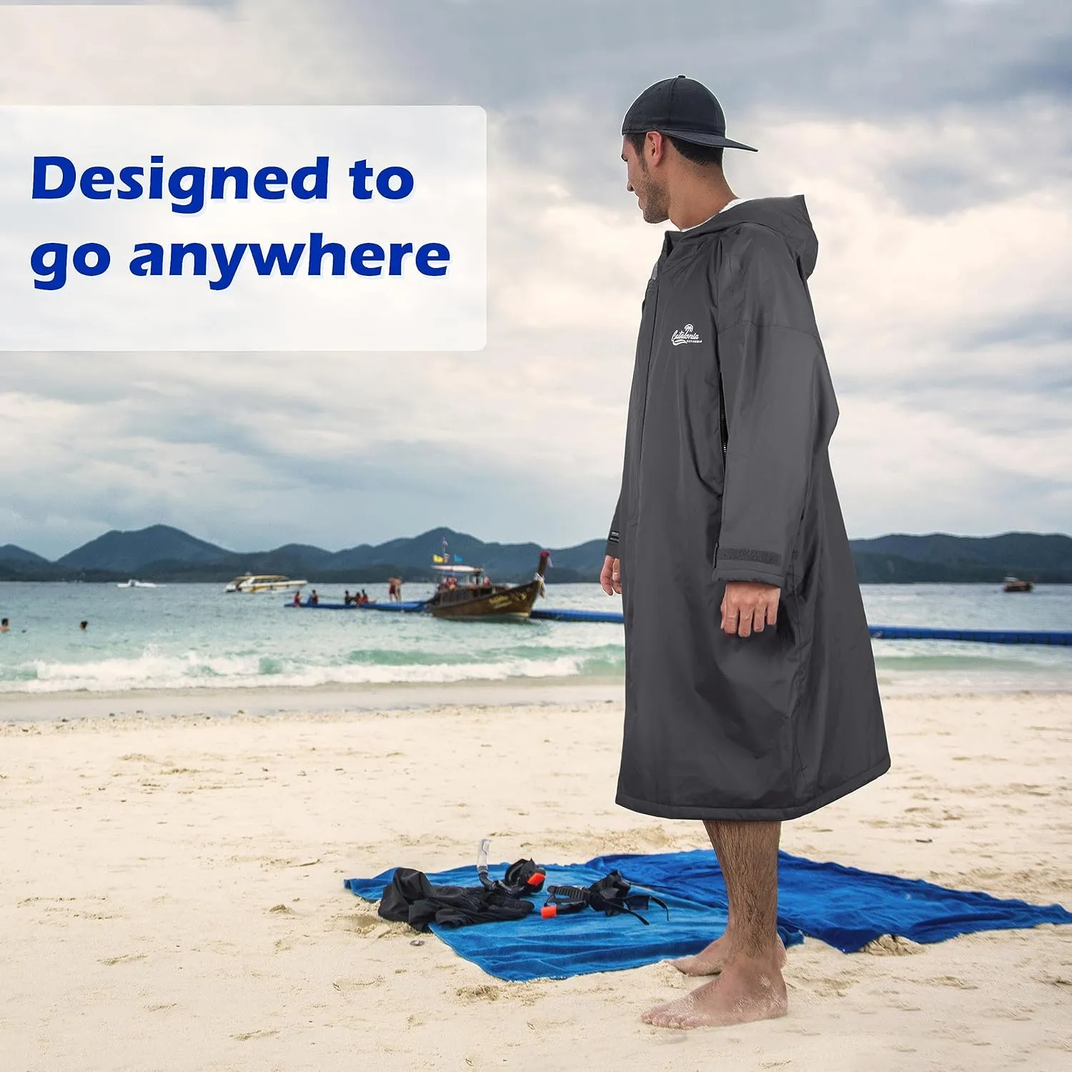 Catalonia Swim Parka for Men Women, Oversized Waterproof Surf Jacket, Warm Sherpa Lined Coat, Changing Poncho Robe