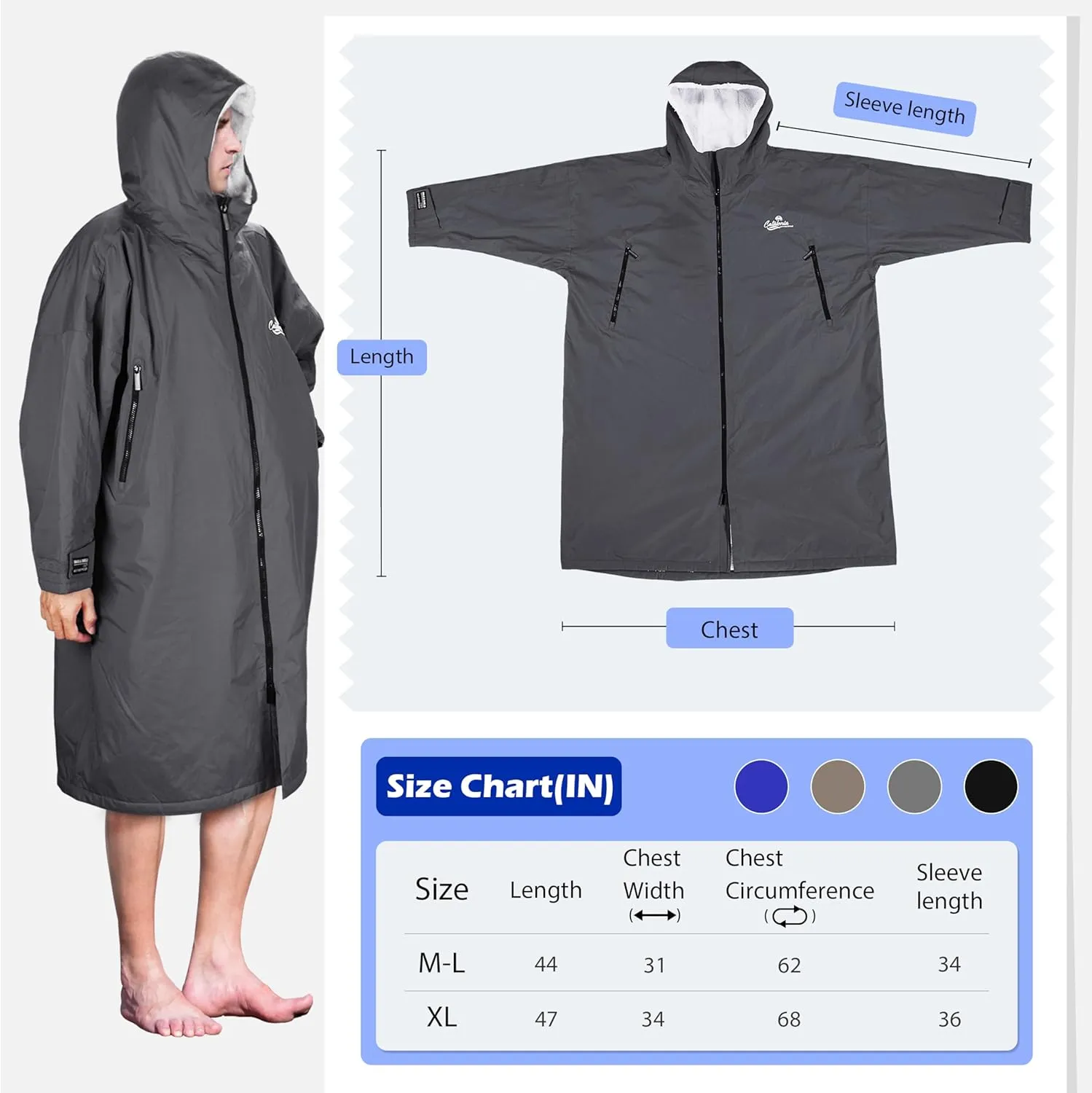 Catalonia Swim Parka for Men Women, Oversized Waterproof Surf Jacket, Warm Sherpa Lined Coat, Changing Poncho Robe