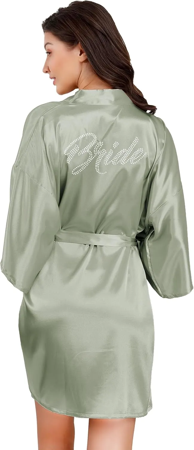 EPLAZA Women's One Size Silver Rhinestones Bride Bridesmaid Short Satin Robes for Wedding Party Getting Ready