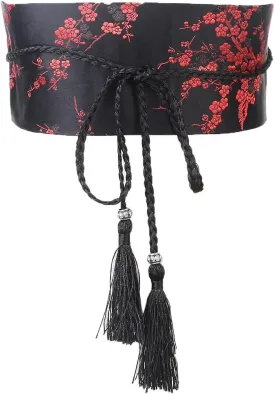 FAD-4U Womens Kimono Obi Belt Japanese Style Embroidered Wide Waistband Girdle with Tassel Yukata Robe Accessories