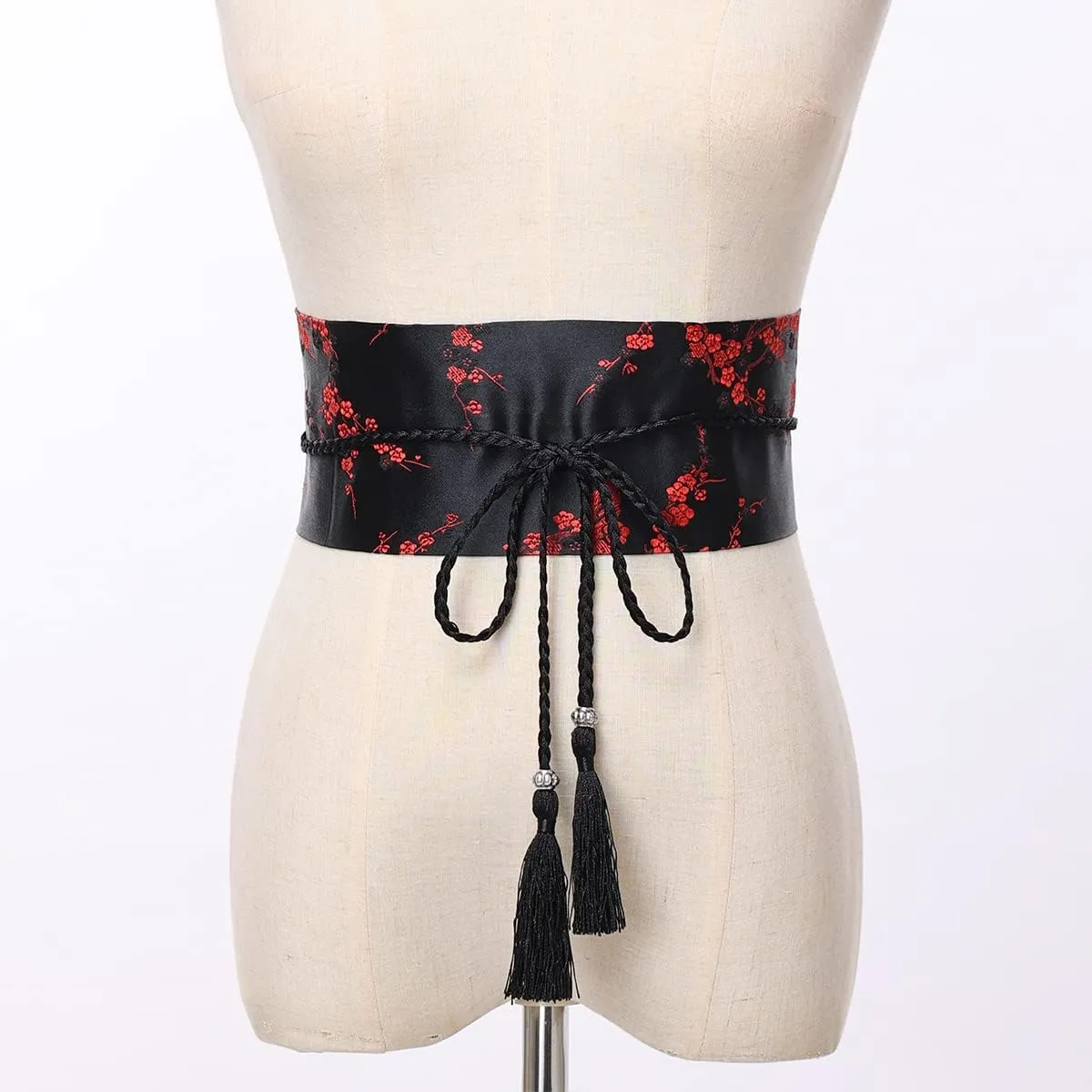 FAD-4U Womens Kimono Obi Belt Japanese Style Embroidered Wide Waistband Girdle with Tassel Yukata Robe Accessories