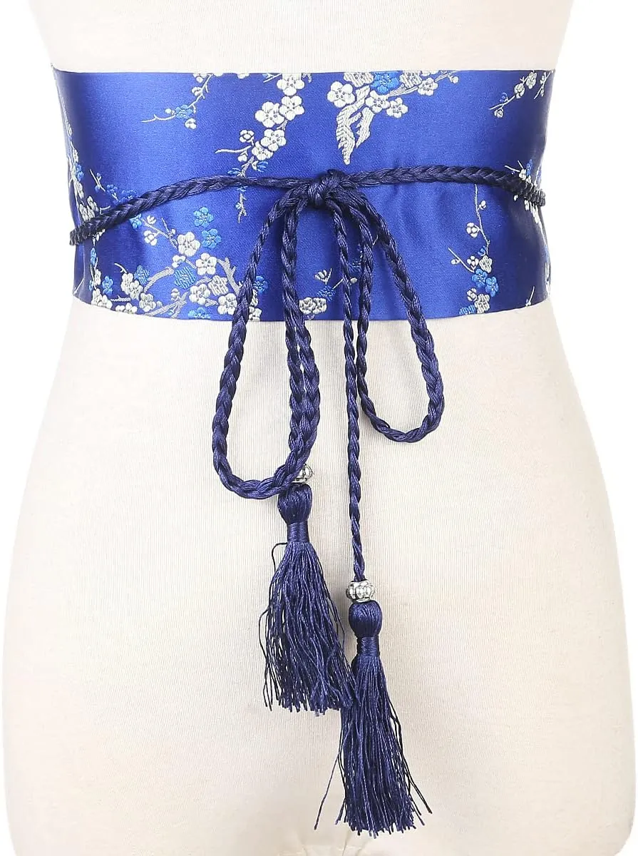 FAD-4U Womens Kimono Obi Belt Japanese Style Embroidered Wide Waistband Girdle with Tassel Yukata Robe Accessories