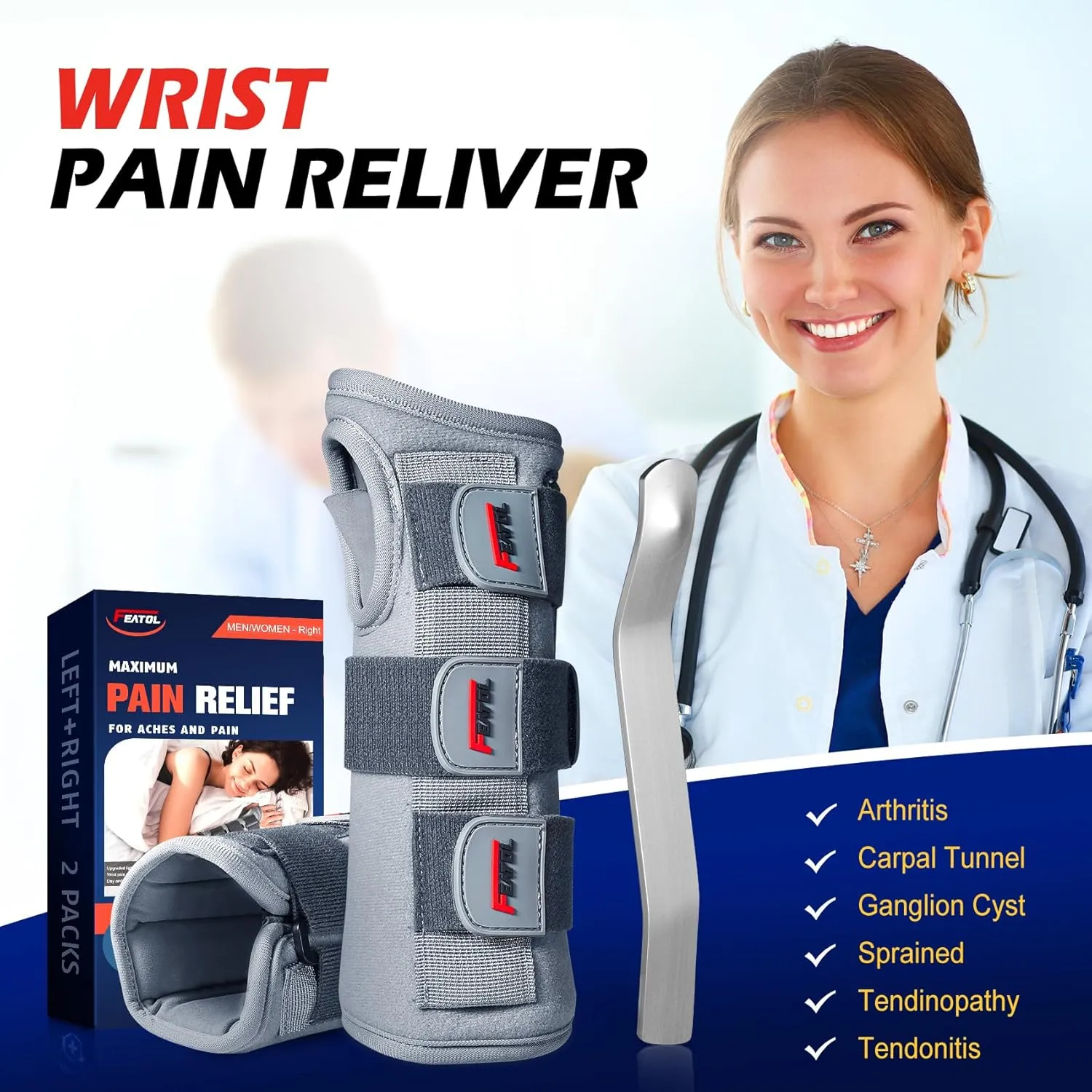 FEATOL Wrist Brace Splint Carpal Tunnel for Women Men, FSA HSA Eligible, Night Wrist Sleep Support Brace, Left Hand, Medium/Large, Pain Relief for Sprain, Arthritis, Tendonitis