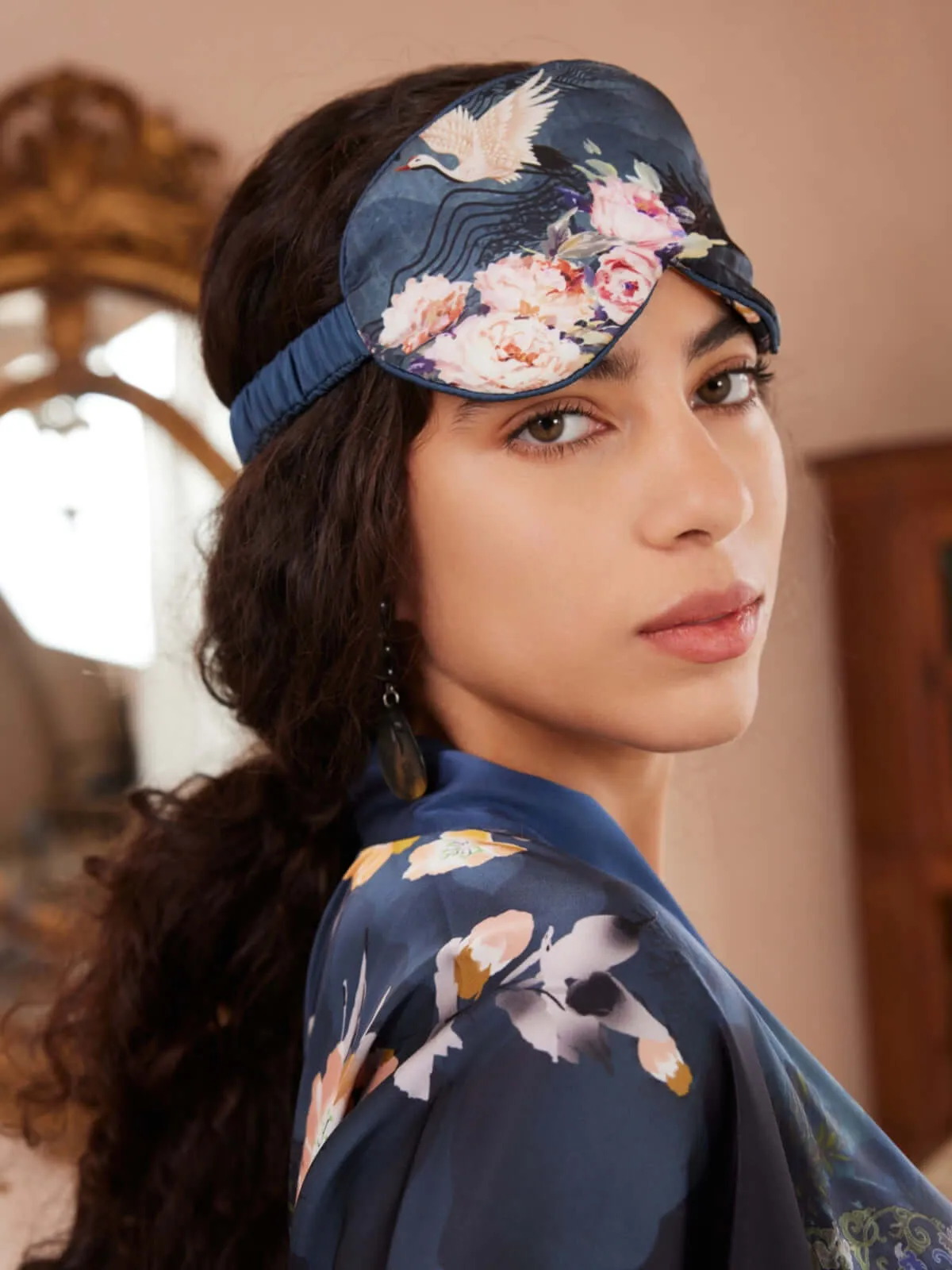 Garden Crane Charmeuse Floral Asian Inspired Sleep Mask
