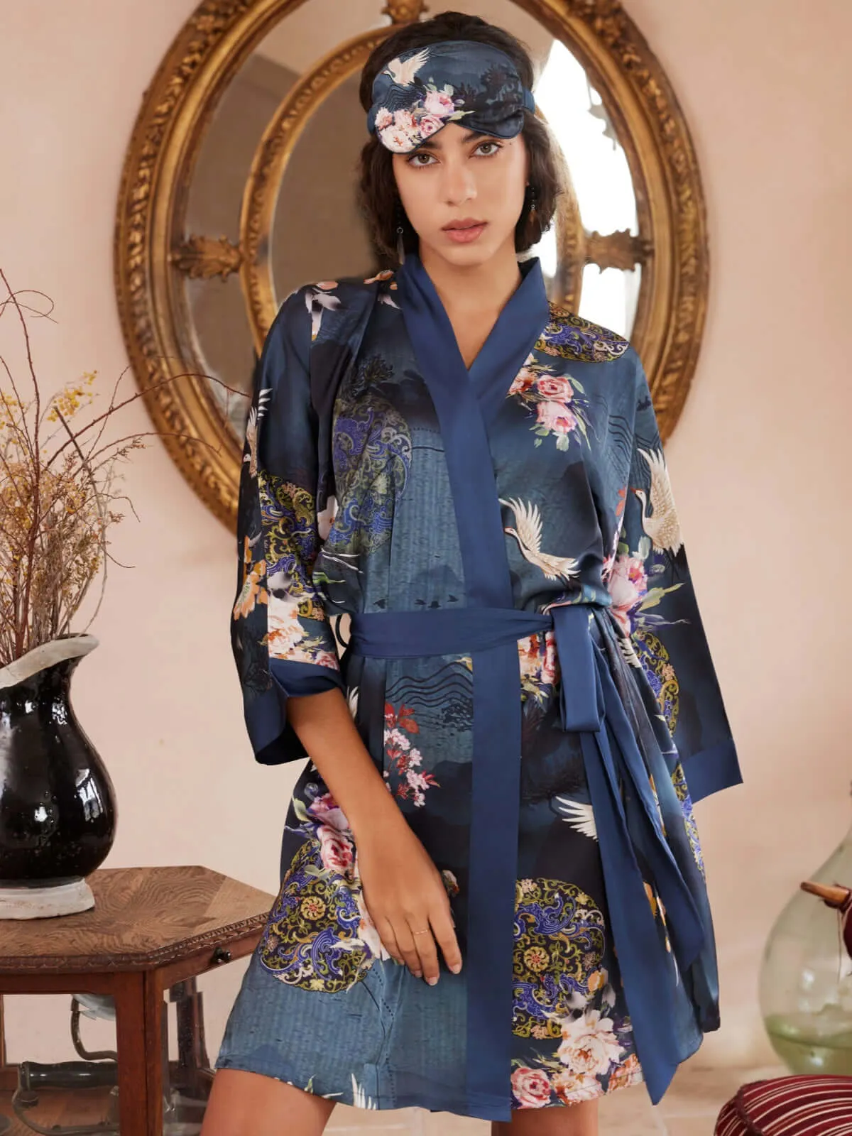 Garden Crane Charmeuse Floral Asian Inspired Sleep Mask