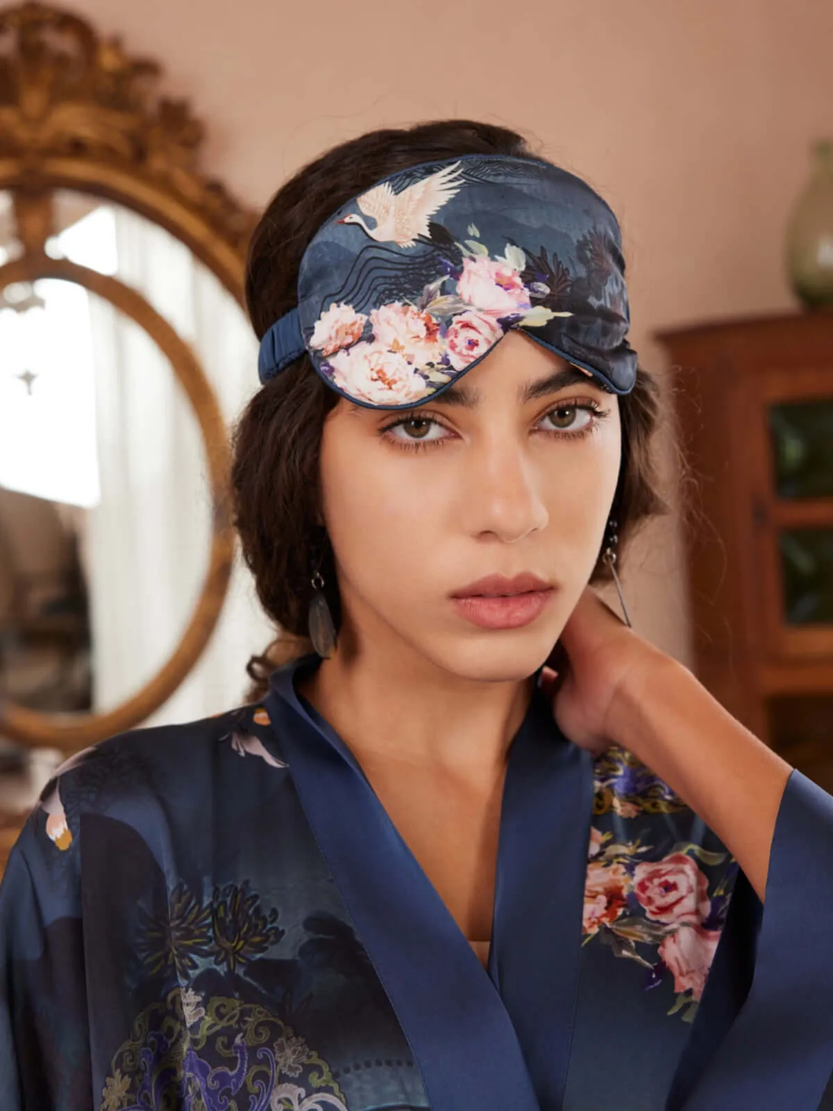 Garden Crane Charmeuse Floral Asian Inspired Sleep Mask