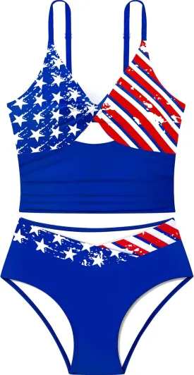 Girls Swimsuit Color Block Girls Bathing Suit Twist Tankini Set Two Piece Girl Swimwear Bikini Set for 9-16 Years