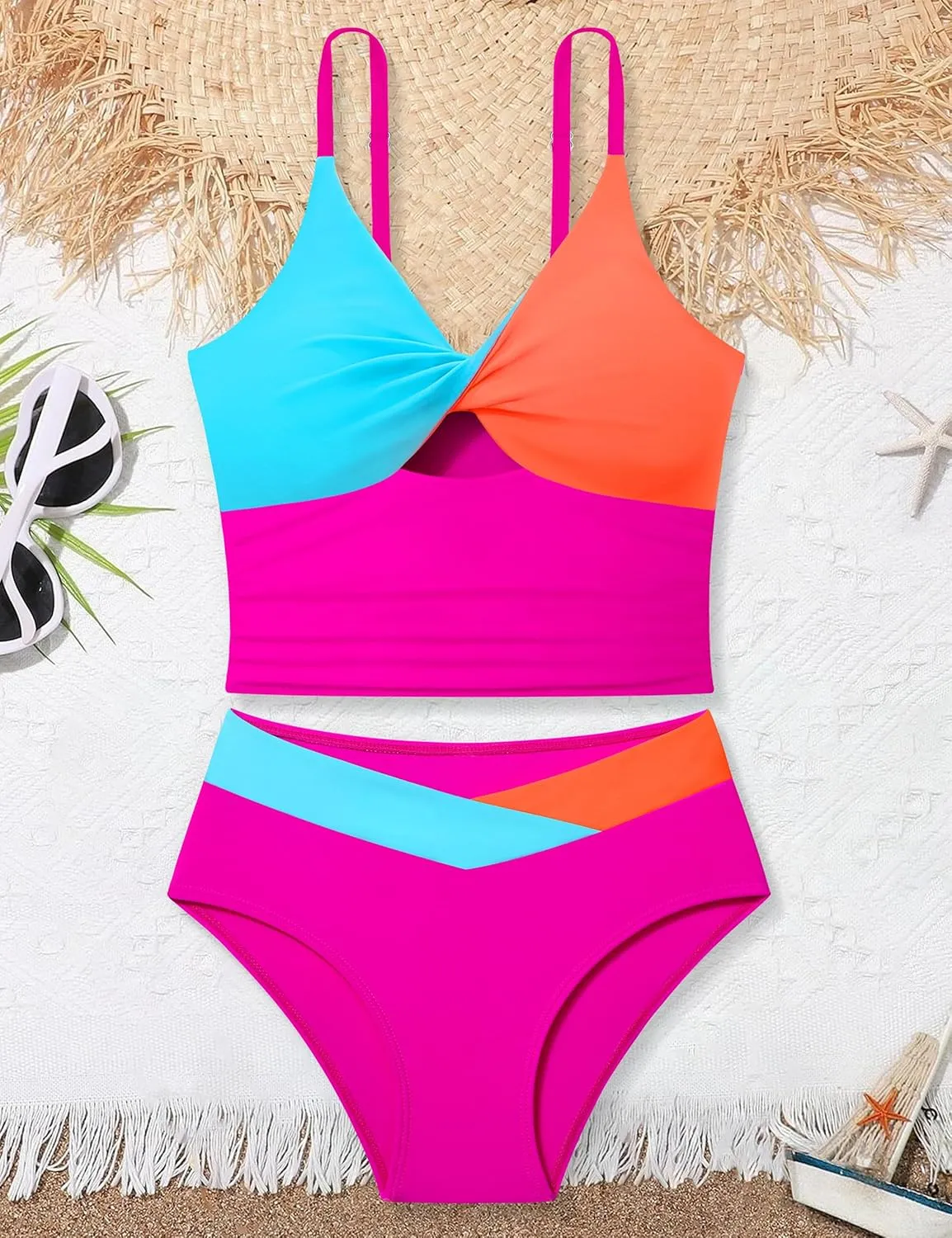 Girls Swimsuit Color Block Girls Bathing Suit Twist Tankini Set Two Piece Girl Swimwear Bikini Set for 9-16 Years