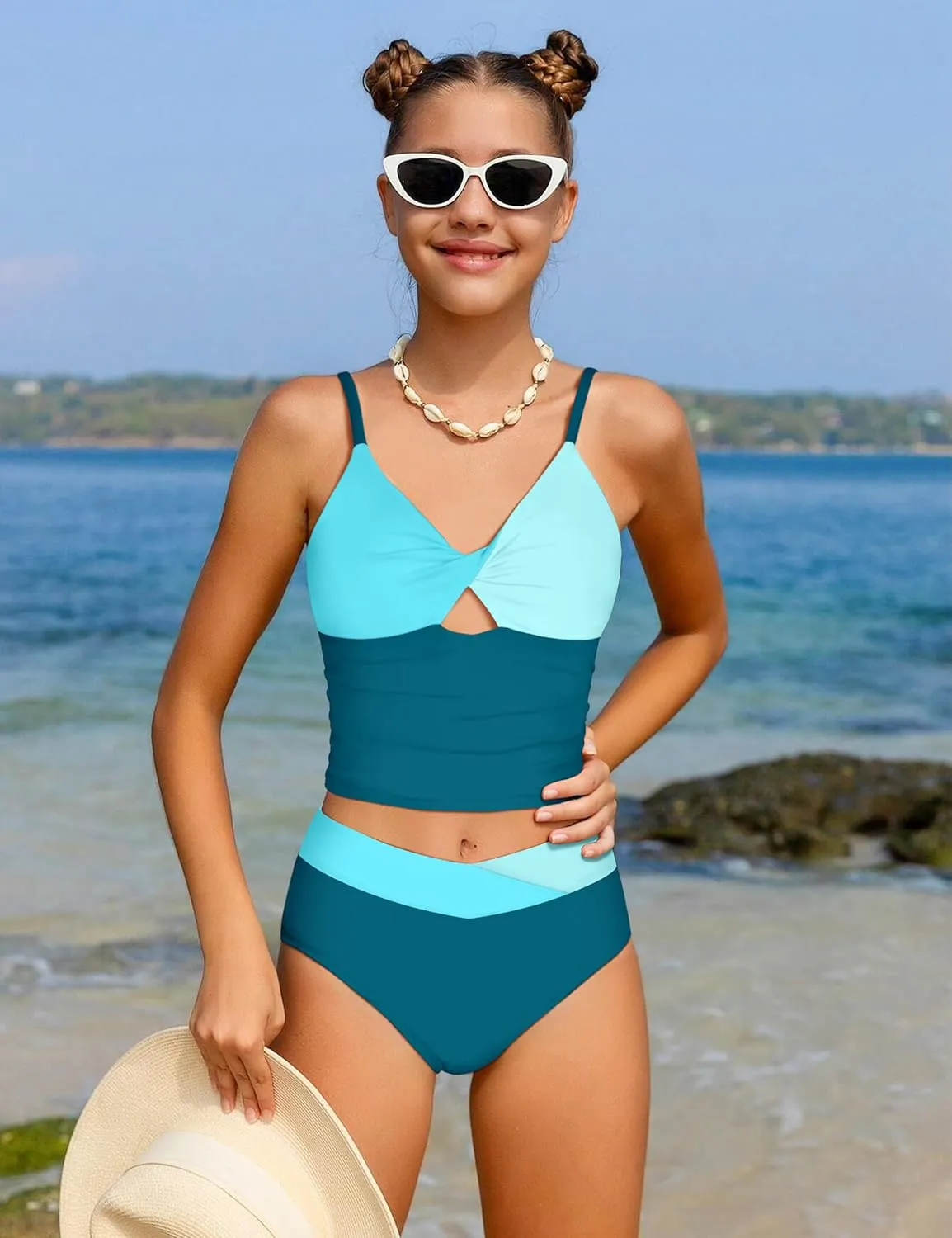 Girls Swimsuit Color Block Girls Bathing Suit Twist Tankini Set Two Piece Girl Swimwear Bikini Set for 9-16 Years