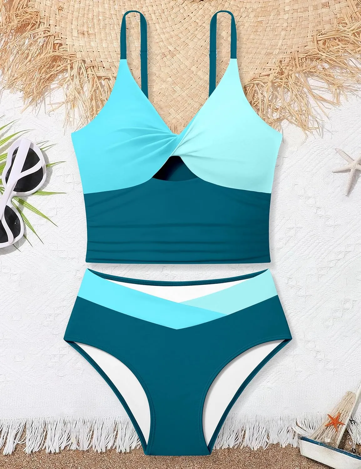 Girls Swimsuit Color Block Girls Bathing Suit Twist Tankini Set Two Piece Girl Swimwear Bikini Set for 9-16 Years