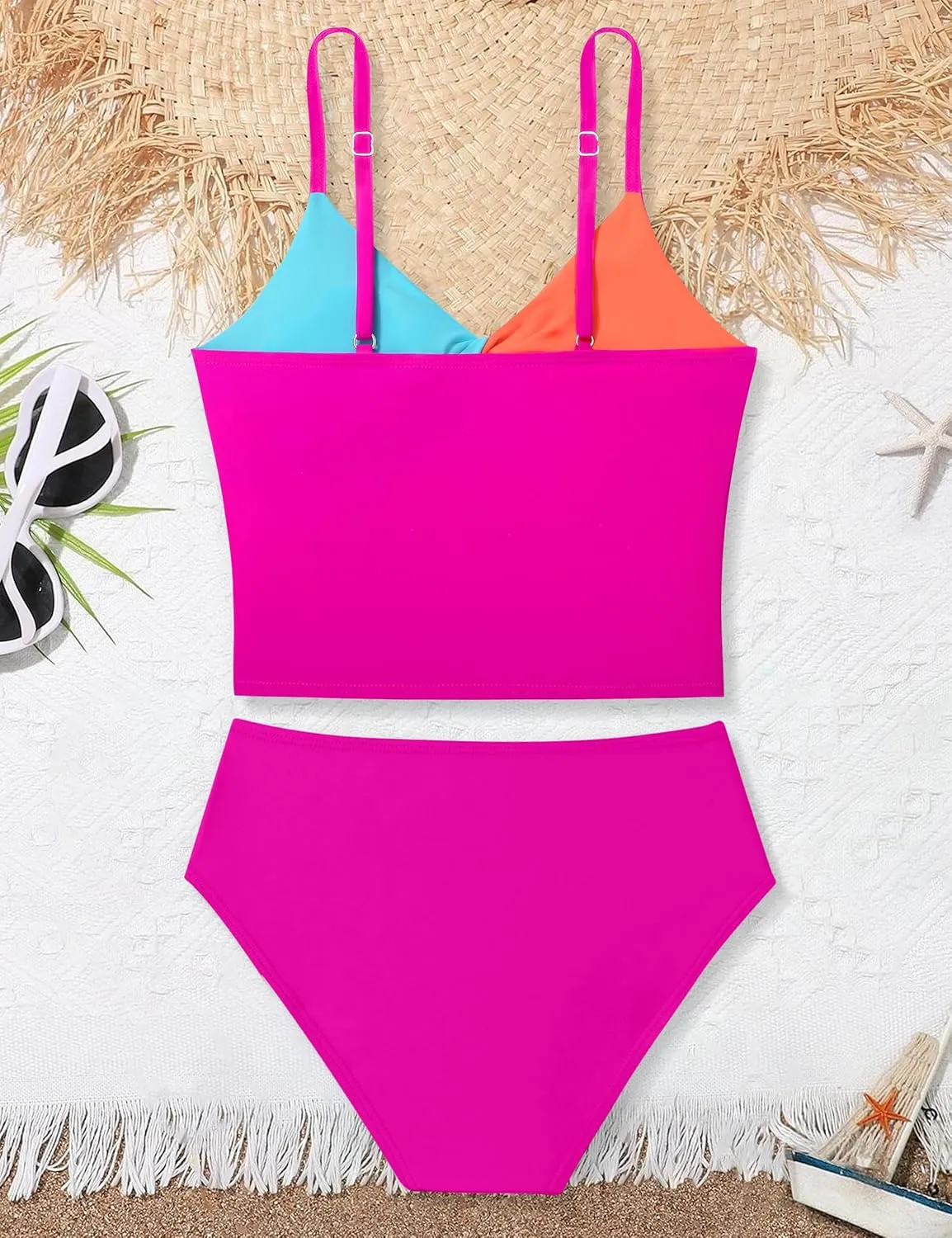 Girls Swimsuit Color Block Girls Bathing Suit Twist Tankini Set Two Piece Girl Swimwear Bikini Set for 9-16 Years