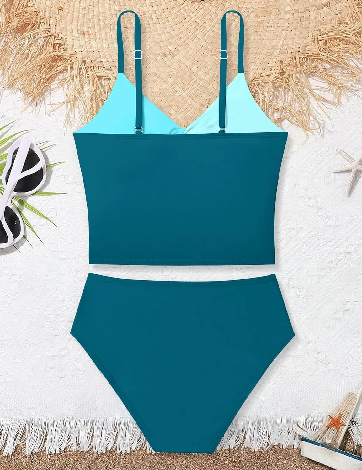 Girls Swimsuit Color Block Girls Bathing Suit Twist Tankini Set Two Piece Girl Swimwear Bikini Set for 9-16 Years