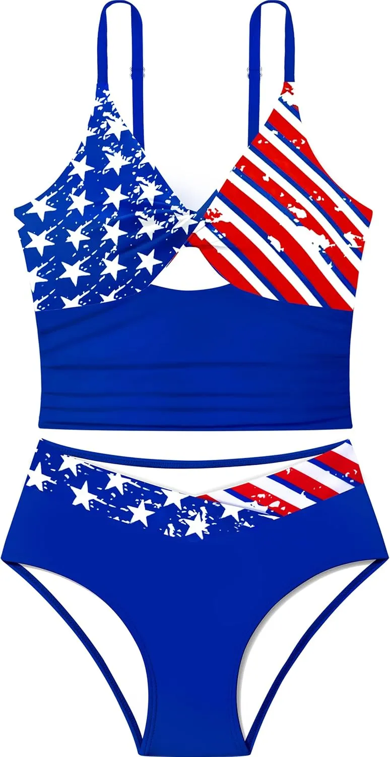 Girls Swimsuit Color Block Girls Bathing Suit Twist Tankini Set Two Piece Girl Swimwear Bikini Set for 9-16 Years