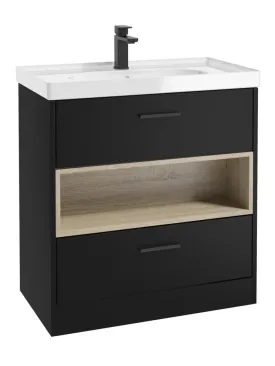 MALMO 80cm Two Drawer Matt Black Floor Standing Vanity Unit Gloss Basin - Matt Black Handle