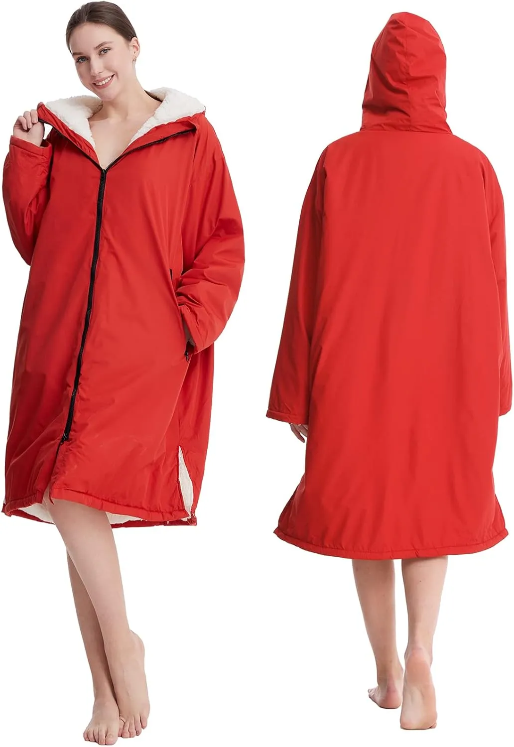 Oksun Waterproof Swim Parka, Windproof Surf Poncho Warm Coat, Recycled Fabric Water Resistent Oversized Sherpa Lining Jacket