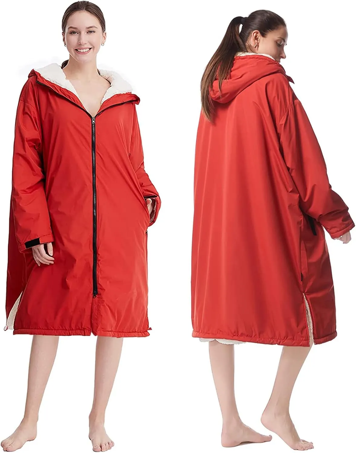 Oksun Waterproof Swim Parka, Windproof Surf Poncho Warm Coat, Recycled Fabric Water Resistent Oversized Sherpa Lining Jacket