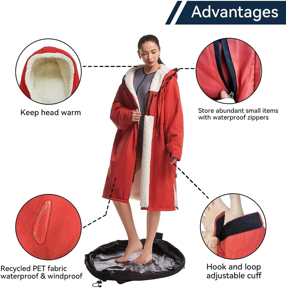 Oksun Waterproof Swim Parka, Windproof Surf Poncho Warm Coat, Recycled Fabric Water Resistent Oversized Sherpa Lining Jacket