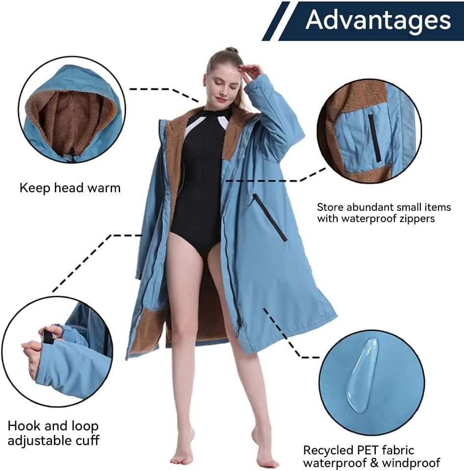 Oksun Waterproof Swim Parka, Windproof Surf Poncho Warm Coat, Recycled Fabric Water Resistent Oversized Sherpa Lining Jacket