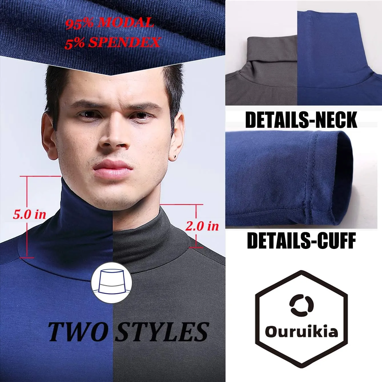 Ouruikia Men's Lightweight Thermal Shirts Modal Base Layer Turtleneck Long Sleeve Pullover Tops