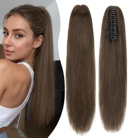 Rich Choices Claw Clip Ponytail Extension Human Hair Real Hair Ponytail Extension Balayage Chocolate Brown Clip In Long Ponytail Hair Extensions Straight For Women #2R 14 Inch