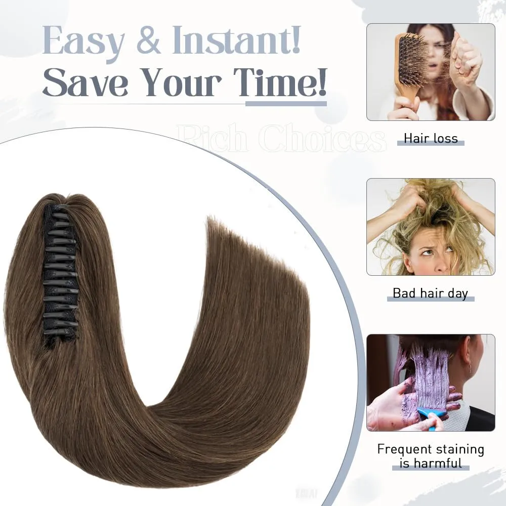 Rich Choices Claw Clip Ponytail Extension Human Hair Real Hair Ponytail Extension Balayage Chocolate Brown Clip In Long Ponytail Hair Extensions Straight For Women #2R 14 Inch