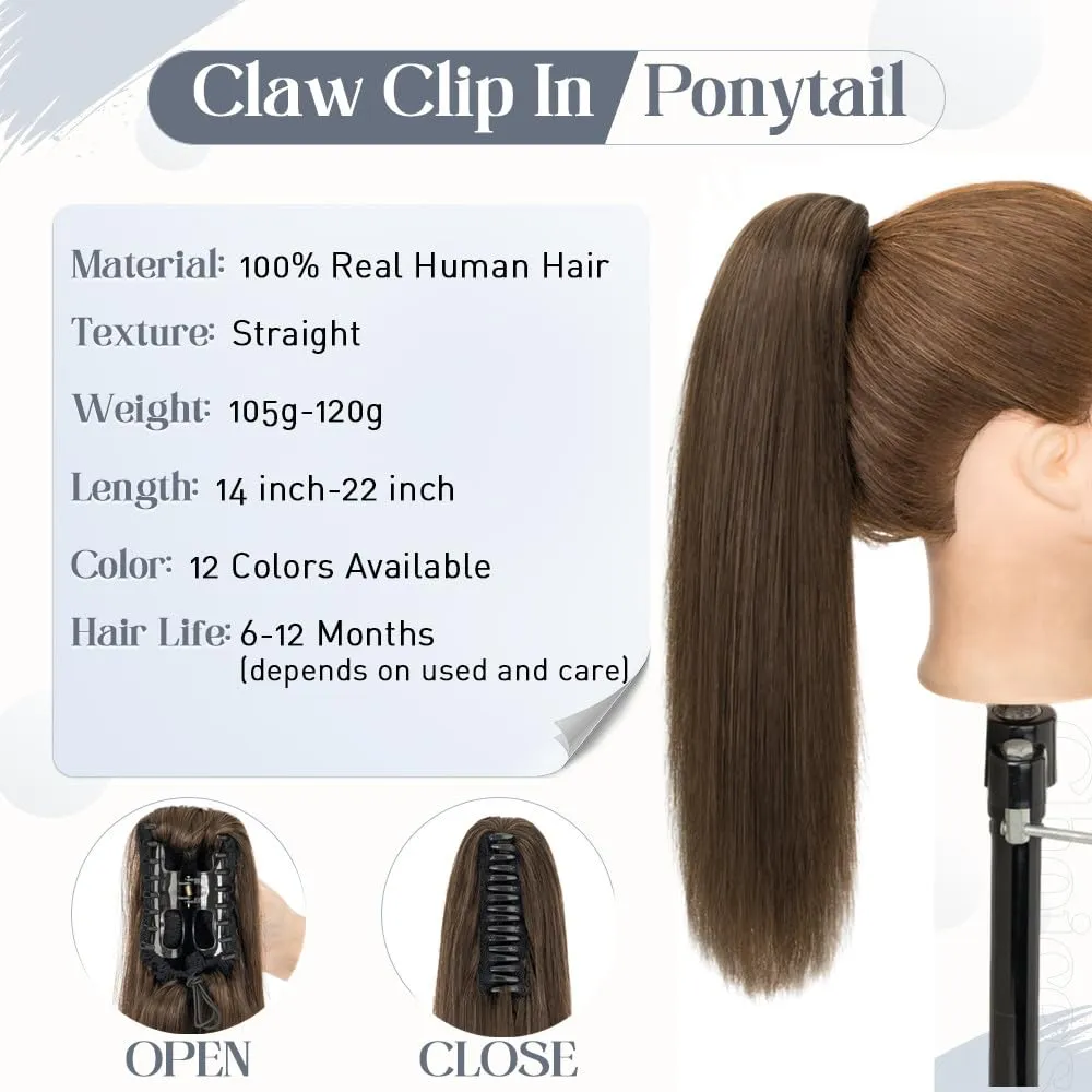 Rich Choices Claw Clip Ponytail Extension Human Hair Real Hair Ponytail Extension Balayage Chocolate Brown Clip In Long Ponytail Hair Extensions Straight For Women #2R 14 Inch