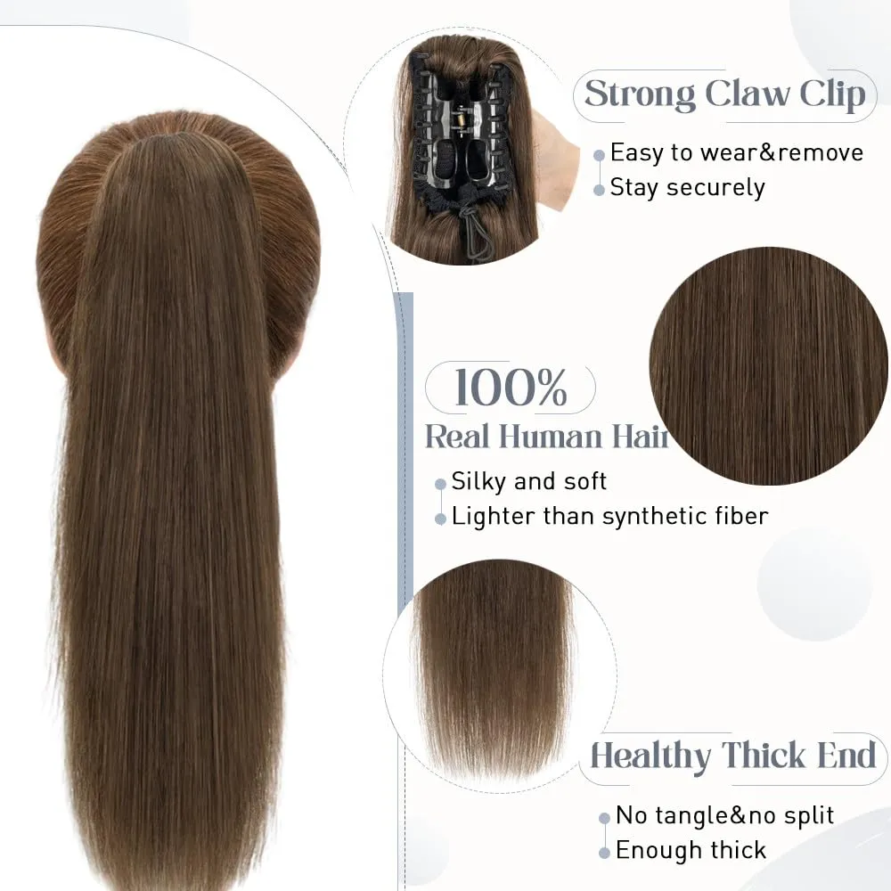 Rich Choices Claw Clip Ponytail Extension Human Hair Real Hair Ponytail Extension Balayage Chocolate Brown Clip In Long Ponytail Hair Extensions Straight For Women #2R 14 Inch