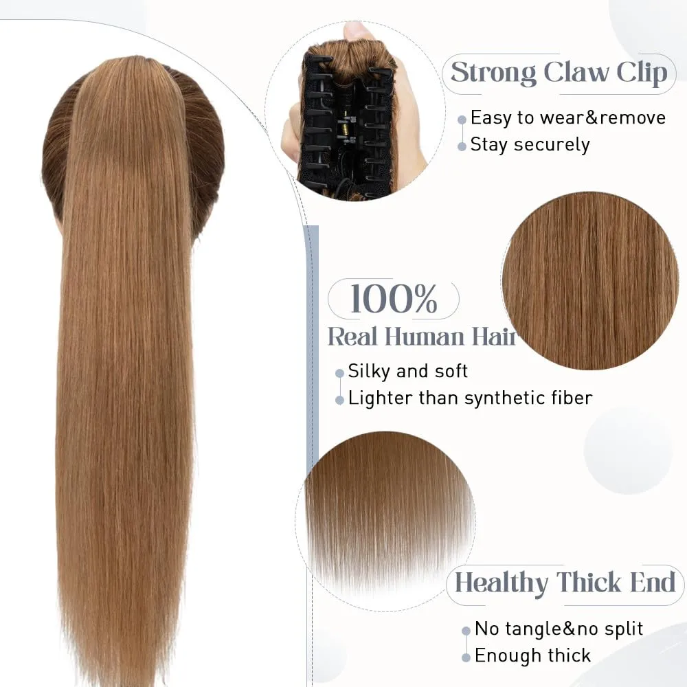 Rich Choices Claw Clip Ponytail Extension Human Hair Real Hair Ponytail Extension Balayage Light Brown 14 Inch 105g One Piece Clip In Long Ponytail Hair Extensions Straight For Women #6