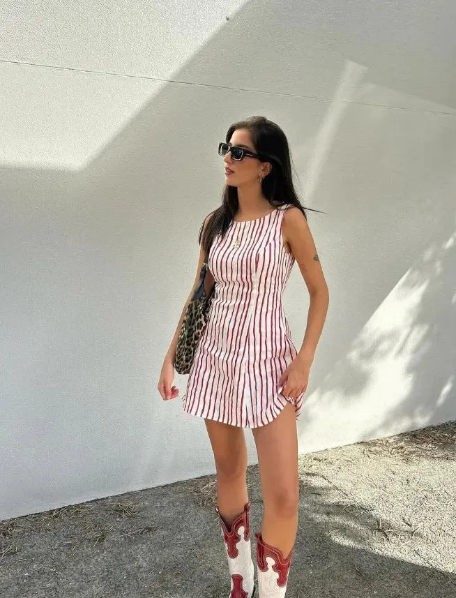 TAVIMART  -  Fashion Solid Pink Stripe Mini Dress Women Sexy O Neck Sleeveless Short Sundress 2024 Summer Casual Female Beach Street Robes