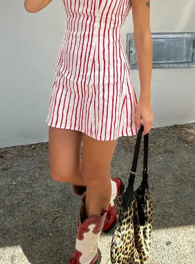 TAVIMART  -  Fashion Solid Pink Stripe Mini Dress Women Sexy O Neck Sleeveless Short Sundress 2024 Summer Casual Female Beach Street Robes