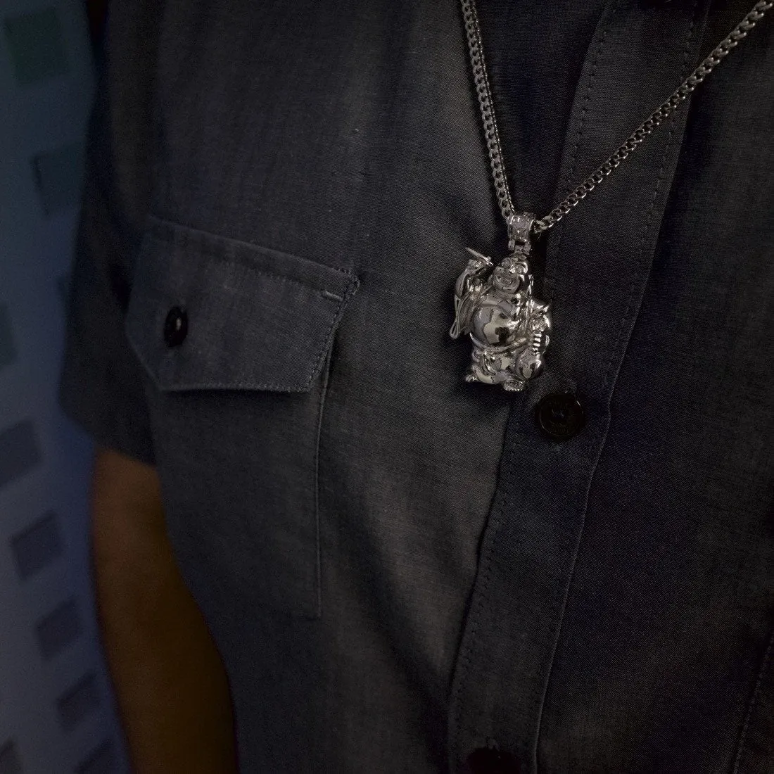 The White Gold Laughing Buddha Necklace