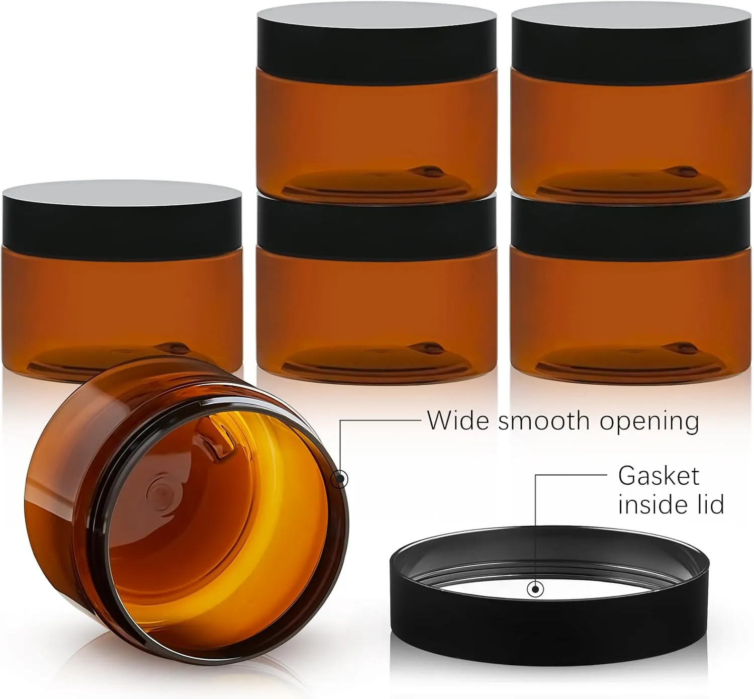 TUZAZO 4 Oz Amber Plastic Cosmetic Jars Leak Proof Small Container with lids for Cream, Lotion, Powder, Ointments, Beauty Products, 6 Pcs