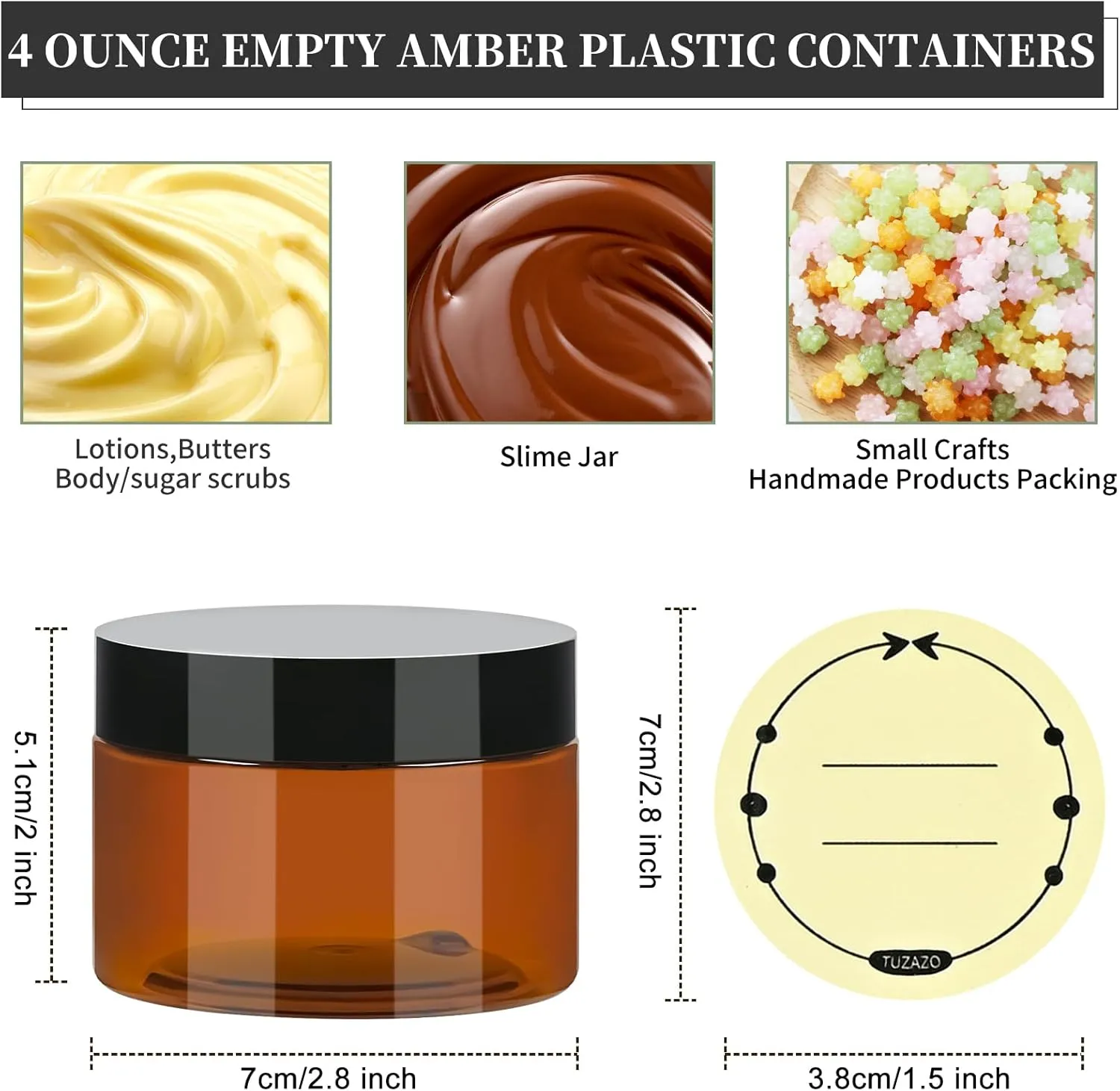 TUZAZO 4 Oz Amber Plastic Cosmetic Jars Leak Proof Small Container with lids for Cream, Lotion, Powder, Ointments, Beauty Products, 6 Pcs