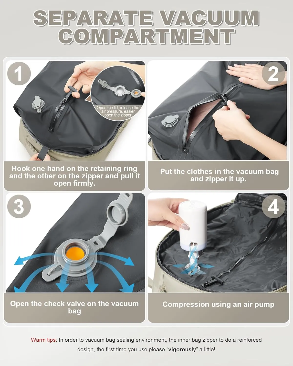 winspansy Large Storage Vacuum Compression Travel Backpack Seal Bags with Pump Clothing 18x14x8 Inches Personal Item Work Carry on Business Vacpack College Airback Laptop Backpack for Women Men Brown