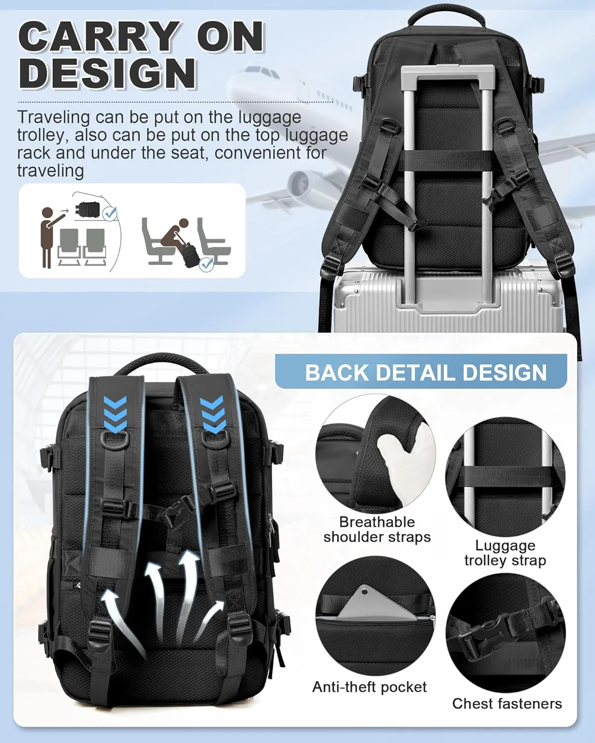 winspansy Large Travel Backpack Storage Vacuum Compression Seal Bags for Women Men Clothing Personal Item Work Carry on Business Vacpack College Airback Laptop Backpack with Shoe Compartment Black