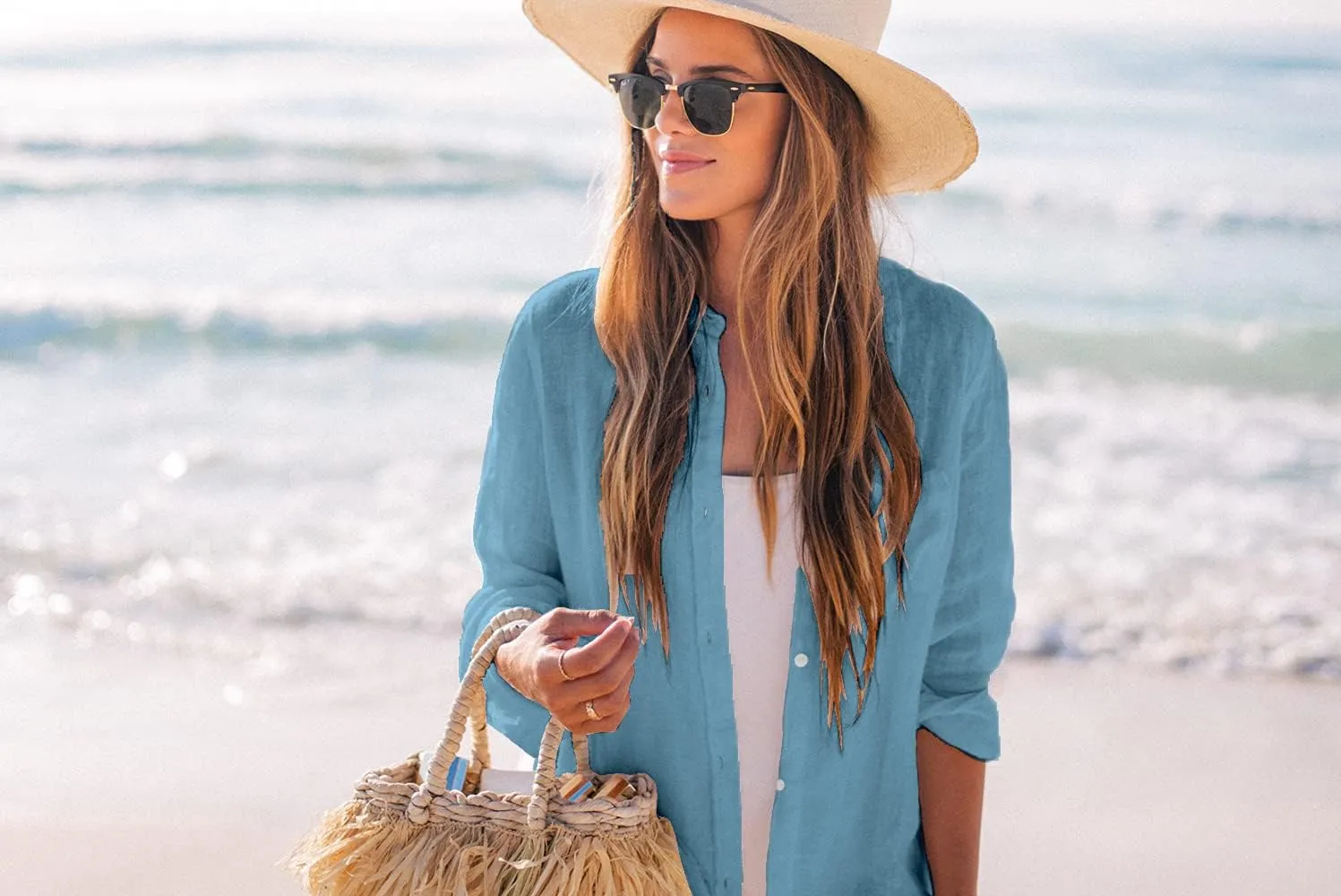 Zoye Chen Womens Bikini Swimsuit Cover Up Button Down V Neck Shirts Long Sleeve Blouse Beachwear Bathing Suit
