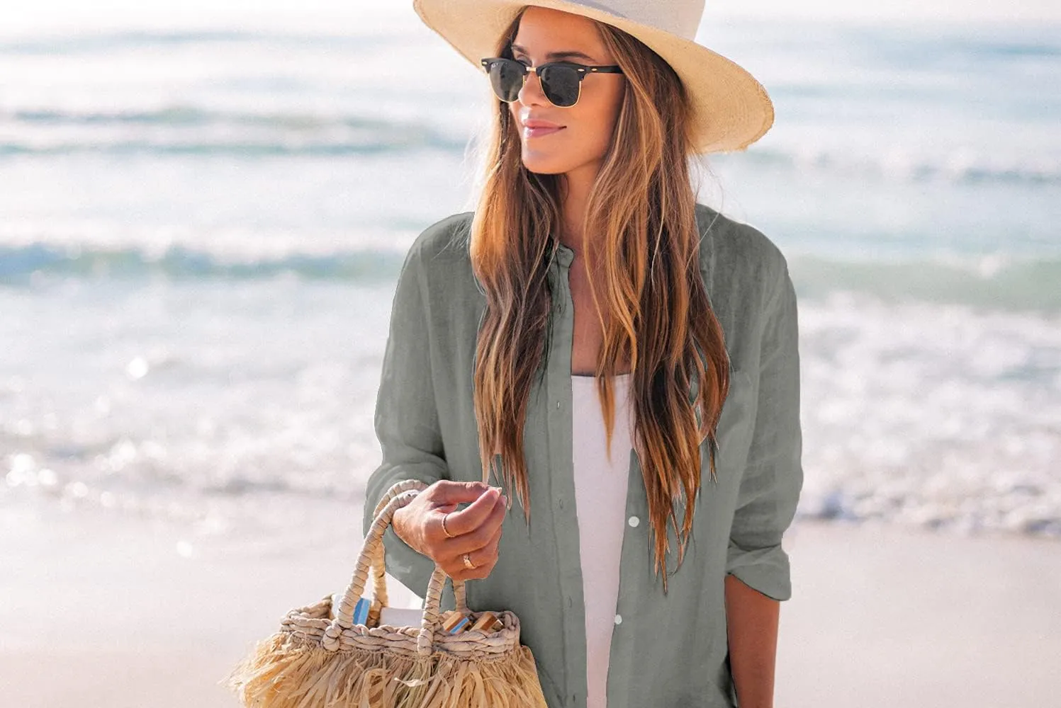Zoye Chen Womens Bikini Swimsuit Cover Up Button Down V Neck Shirts Long Sleeve Blouse Beachwear Bathing Suit