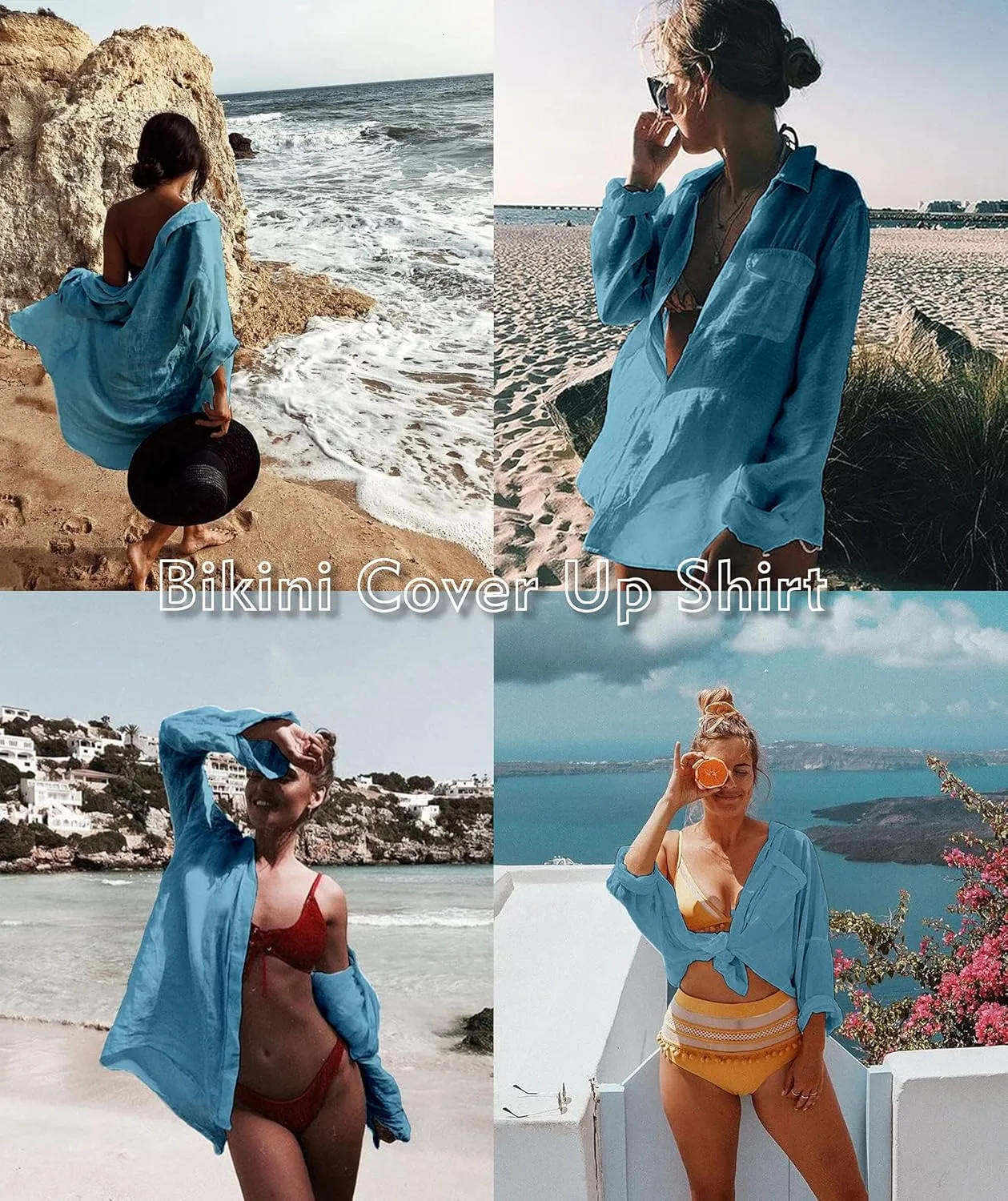 Zoye Chen Womens Bikini Swimsuit Cover Up Button Down V Neck Shirts Long Sleeve Blouse Beachwear Bathing Suit